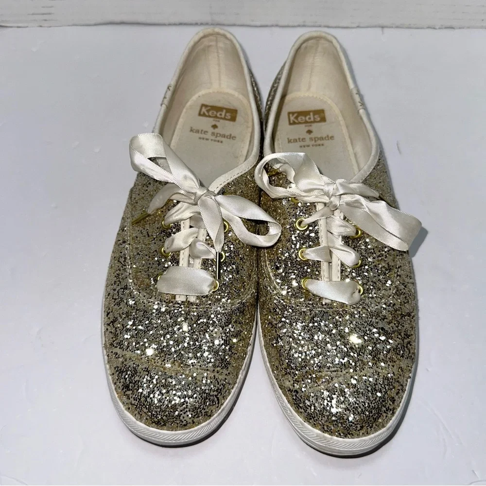 Keds X Kate Spade New York Gold Glitter Cream Satin Lace Up Sneakers- Size 8.5/9